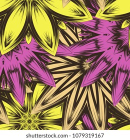 Seamless floral background. Tracery handmade nature ethnic fabric backdrop pattern with flowers. Textile design texture. Decorative color art. Vector