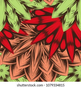 Seamless floral background. Tracery handmade nature ethnic fabric backdrop pattern with flowers. Textile design texture. Decorative color art. Vector