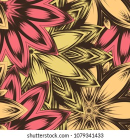 Seamless floral background. Tracery handmade nature ethnic fabric backdrop pattern with flowers. Textile design texture. Decorative color art. Vector