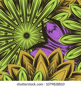 Seamless floral background. Tracery handmade nature ethnic fabric backdrop pattern with flowers. Textile design texture. Decorative color art. Vector