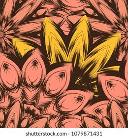 Seamless floral background. Tracery handmade nature ethnic fabric backdrop pattern with flowers. Textile design texture. Decorative color art. Vector