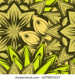 Seamless floral background. Tracery handmade nature ethnic fabric backdrop pattern with flowers. Textile design texture. Decorative color art. Vector