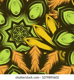 Seamless floral background. Tracery handmade nature ethnic fabric backdrop pattern with flowers. Textile design texture. Decorative color art. Vector