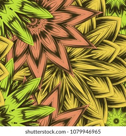 Seamless floral background. Tracery handmade nature ethnic fabric backdrop pattern with flowers. Textile design texture. Decorative color art. Vector