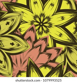 Seamless floral background. Tracery handmade nature ethnic fabric backdrop pattern with flowers. Textile design texture. Decorative color art. Vector