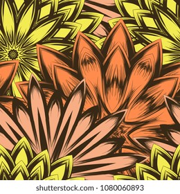 Seamless floral background. Tracery handmade nature ethnic fabric backdrop pattern with flowers. Textile design texture. Decorative color art. Vector