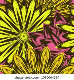 Seamless floral background. Tracery handmade nature ethnic fabric backdrop pattern with flowers. Textile design texture. Decorative color art. Vector