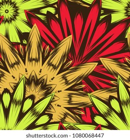 Seamless floral background. Tracery handmade nature ethnic fabric backdrop pattern with flowers. Textile design texture. Decorative color art. Vector