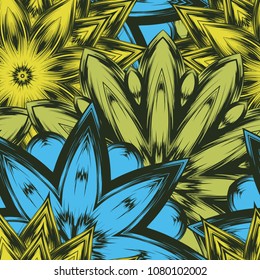 Seamless floral background. Tracery handmade nature ethnic fabric backdrop pattern with flowers. Textile design texture. Decorative color art. Vector