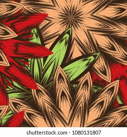 Seamless floral background. Tracery handmade nature ethnic fabric backdrop pattern with flowers. Textile design texture. Decorative color art. Vector