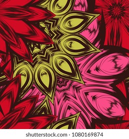 Seamless floral background. Tracery handmade nature ethnic fabric backdrop pattern with flowers. Textile design texture. Decorative color art. Vector