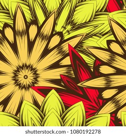 Seamless floral background. Tracery handmade nature ethnic fabric backdrop pattern with flowers. Textile design texture. Decorative color art. Vector