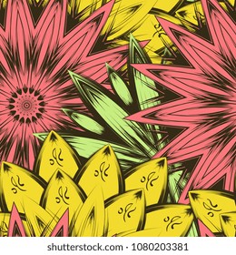 Seamless floral background. Tracery handmade nature ethnic fabric backdrop pattern with flowers. Textile design texture. Decorative color art. Vector