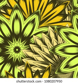Seamless floral background. Tracery handmade nature ethnic fabric backdrop pattern with flowers. Textile design texture. Decorative color art. Vector