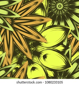 Seamless floral background. Tracery handmade nature ethnic fabric backdrop pattern with flowers. Textile design texture. Decorative color art. Vector