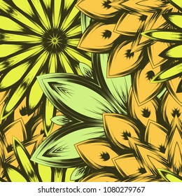Seamless floral background. Tracery handmade nature ethnic fabric backdrop pattern with flowers. Textile design texture. Decorative color art. Vector