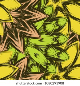 Seamless floral background. Tracery handmade nature ethnic fabric backdrop pattern with flowers. Textile design texture. Decorative color art. Vector