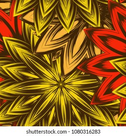Seamless floral background. Tracery handmade nature ethnic fabric backdrop pattern with flowers. Textile design texture. Decorative color art. Vector