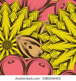 Seamless floral background. Tracery handmade nature ethnic fabric backdrop pattern with flowers. Textile design texture. Decorative color art. Vector