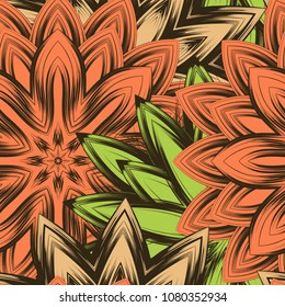 Seamless floral background. Tracery handmade nature ethnic fabric backdrop pattern with flowers. Textile design texture. Decorative color art. Vector