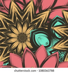 Seamless floral background. Tracery handmade nature ethnic fabric backdrop pattern with flowers. Textile design texture. Decorative color art. Vector