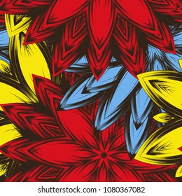 Seamless floral background. Tracery handmade nature ethnic fabric backdrop pattern with flowers. Textile design texture. Decorative color art. Vector