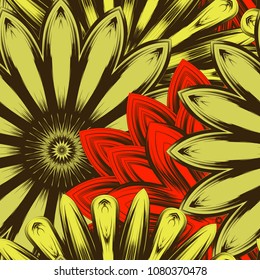 Seamless floral background. Tracery handmade nature ethnic fabric backdrop pattern with flowers. Textile design texture. Decorative color art. Vector