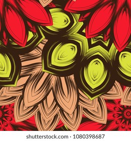 Seamless floral background. Tracery handmade nature ethnic fabric backdrop pattern with flowers. Textile design texture. Decorative color art. Vector