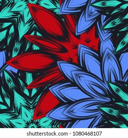 Seamless floral background. Tracery handmade nature ethnic fabric backdrop pattern with flowers. Textile design texture. Decorative color art. Vector