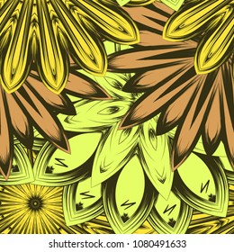 Seamless floral background. Tracery handmade nature ethnic fabric backdrop pattern with flowers. Textile design texture. Decorative color art. Vector