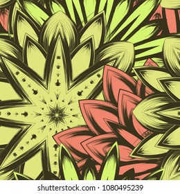 Seamless floral background. Tracery handmade nature ethnic fabric backdrop pattern with flowers. Textile design texture. Decorative color art. Vector