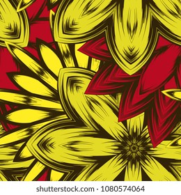 Seamless floral background. Tracery handmade nature ethnic fabric backdrop pattern with flowers. Textile design texture. Decorative color art. Vector