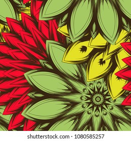 Seamless floral background. Tracery handmade nature ethnic fabric backdrop pattern with flowers. Textile design texture. Decorative color art. Vector