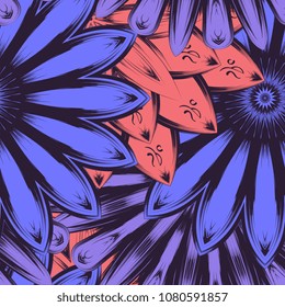Seamless floral background. Tracery handmade nature ethnic fabric backdrop pattern with flowers. Textile design texture. Decorative color art. Vector