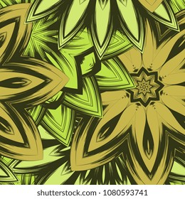 Seamless floral background. Tracery handmade nature ethnic fabric backdrop pattern with flowers. Textile design texture. Decorative color art. Vector