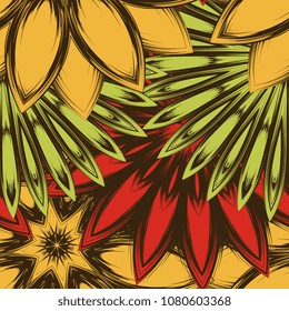 Seamless floral background. Tracery handmade nature ethnic fabric backdrop pattern with flowers. Textile design texture. Decorative color art. Vector