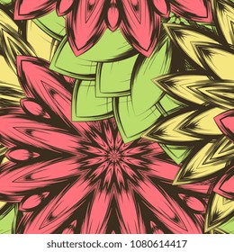 Seamless floral background. Tracery handmade nature ethnic fabric backdrop pattern with flowers. Textile design texture. Decorative color art. Vector