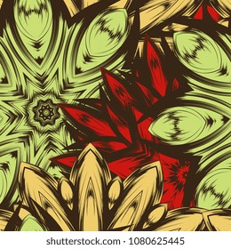 Seamless floral background. Tracery handmade nature ethnic fabric backdrop pattern with flowers. Textile design texture. Decorative color art. Vector