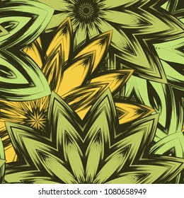 Seamless floral background. Tracery handmade nature ethnic fabric backdrop pattern with flowers. Textile design texture. Decorative color art. Vector