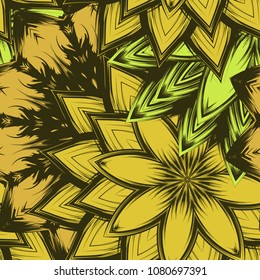 Seamless floral background. Tracery handmade nature ethnic fabric backdrop pattern with flowers. Textile design texture. Decorative color art. Vector