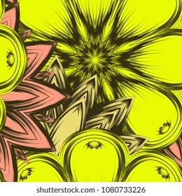 Seamless floral background. Tracery handmade nature ethnic fabric backdrop pattern with flowers. Textile design texture. Decorative color art. Vector