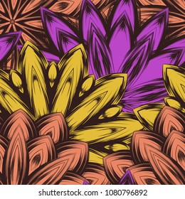 Seamless floral background. Tracery handmade nature ethnic fabric backdrop pattern with flowers. Textile design texture. Decorative color art. Vector