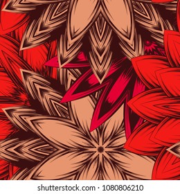 Seamless floral background. Tracery handmade nature ethnic fabric backdrop pattern with flowers. Textile design texture. Decorative color art. Vector