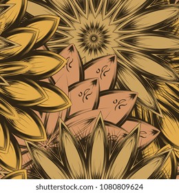 Seamless floral background. Tracery handmade nature ethnic fabric backdrop pattern with flowers. Textile design texture. Decorative color art. Vector