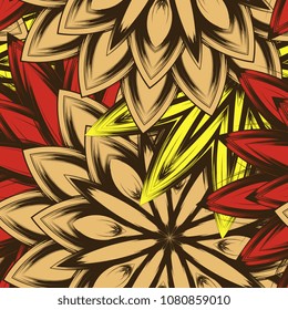 Seamless floral background. Tracery handmade nature ethnic fabric backdrop pattern with flowers. Textile design texture. Decorative color art. Vector