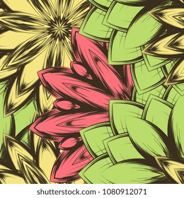 Seamless floral background. Tracery handmade nature ethnic fabric backdrop pattern with flowers. Textile design texture. Decorative color art. Vector