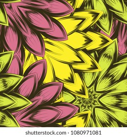 Seamless floral background. Tracery handmade nature ethnic fabric backdrop pattern with flowers. Textile design texture. Decorative color art. Vector