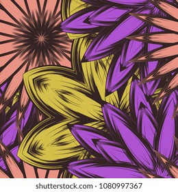 Seamless floral background. Tracery handmade nature ethnic fabric backdrop pattern with flowers. Textile design texture. Decorative color art. Vector