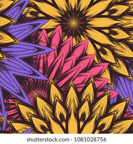 Seamless floral background. Tracery handmade nature ethnic fabric backdrop pattern with flowers. Textile design texture. Decorative color art. Vector