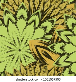 Seamless floral background. Tracery handmade nature ethnic fabric backdrop pattern with flowers. Textile design texture. Decorative color art. Vector